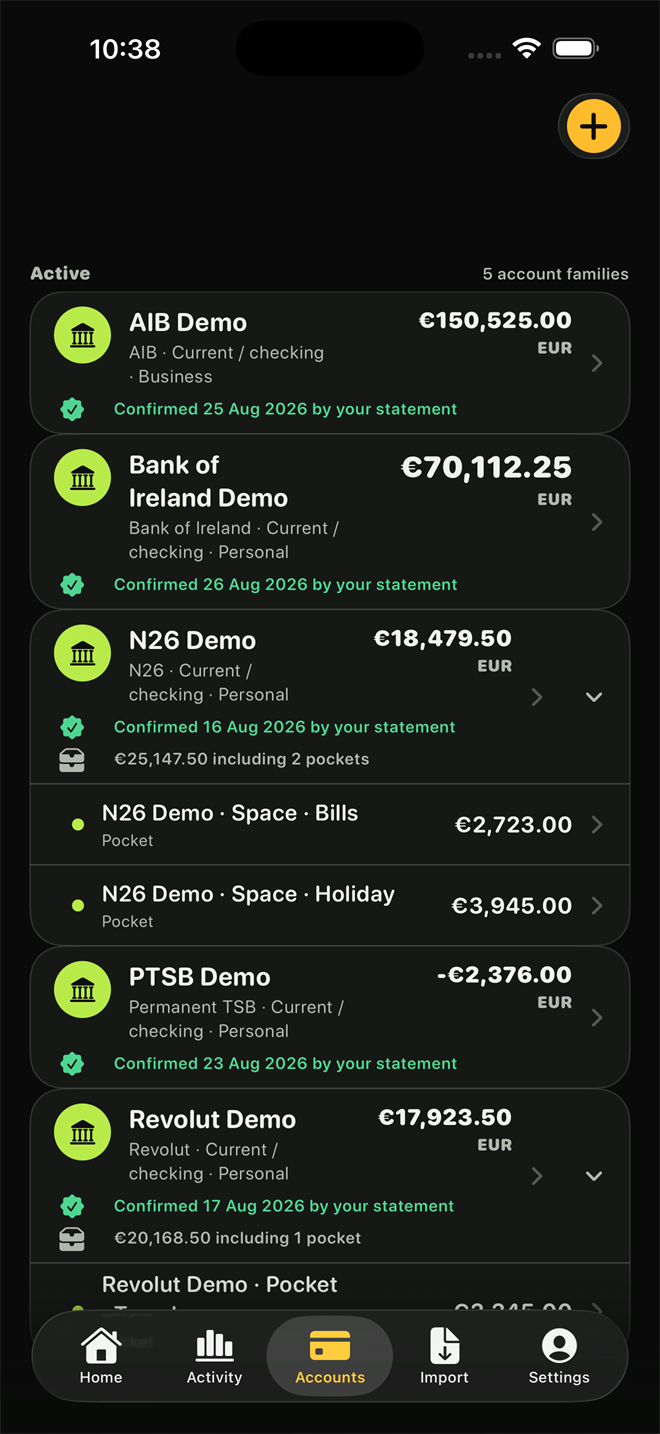 The accounts list showing AIB, Bank of Ireland, N26, Permanent TSB and Revolut, each with a confirmation date, and N26 Spaces shown as pockets.
