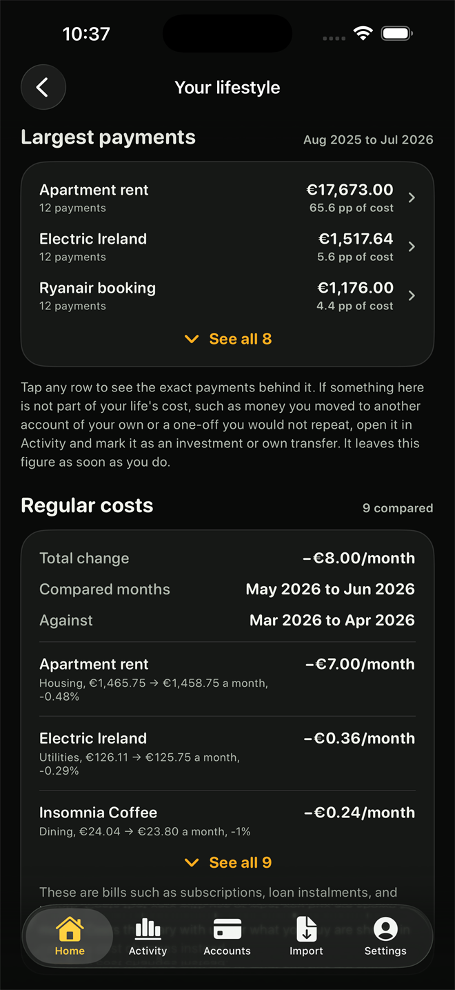 Largest payments and regular costs, comparing recent months against earlier ones to show how each bill changed.