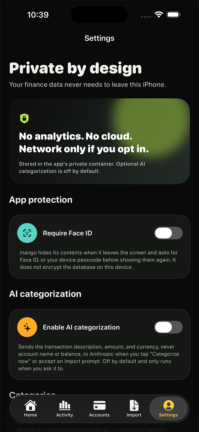 The settings screen headed Private by design, with no analytics or cloud, an app lock, and AI categorisation switched off.