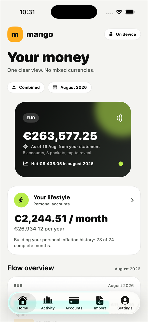 The same Mango home screen rendered in light mode.